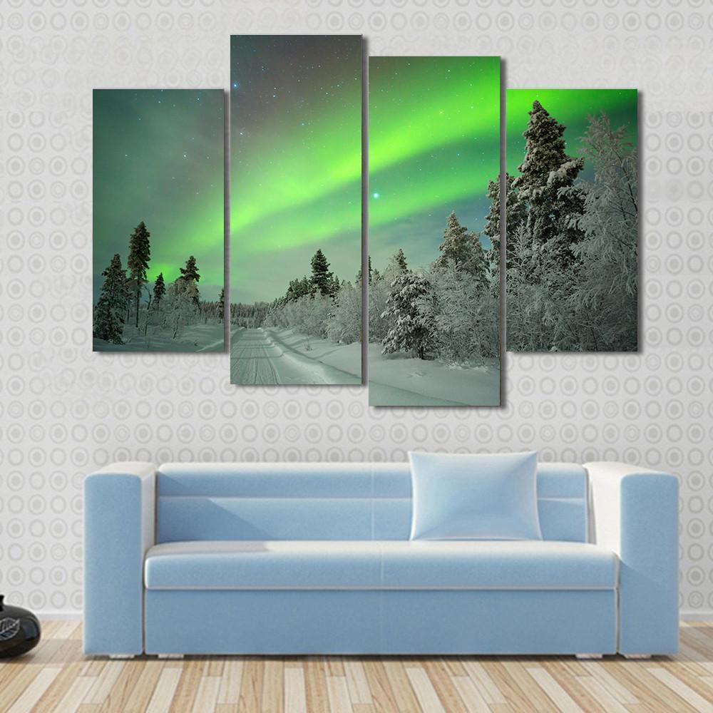 Spectacular Aurora Borealis In Winter Canvas Wall Art-4 Pop-Gallery Wrap-50&quot; x 32&quot;-Tiaracle
