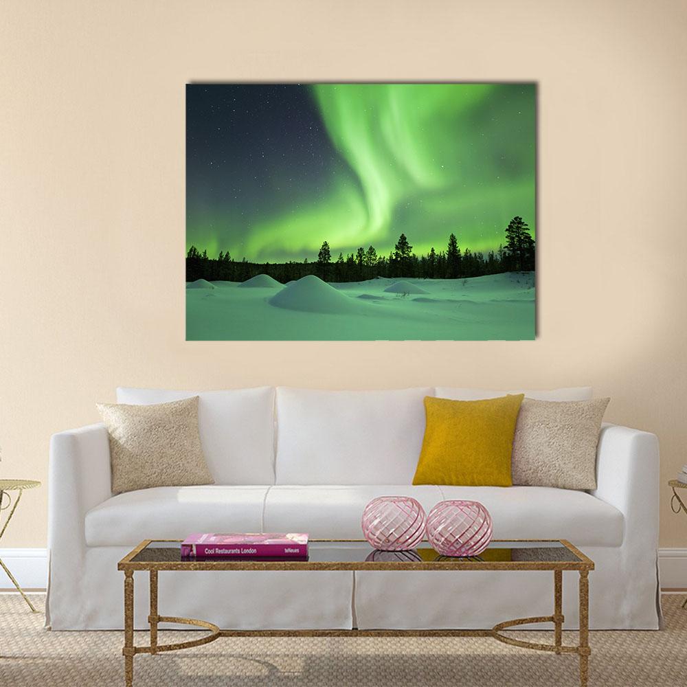 Spectacular Aurora Borealis Over Snowy Winter Landscape Canvas Wall Art-1 Piece-Gallery Wrap-24" x 16"-Tiaracle