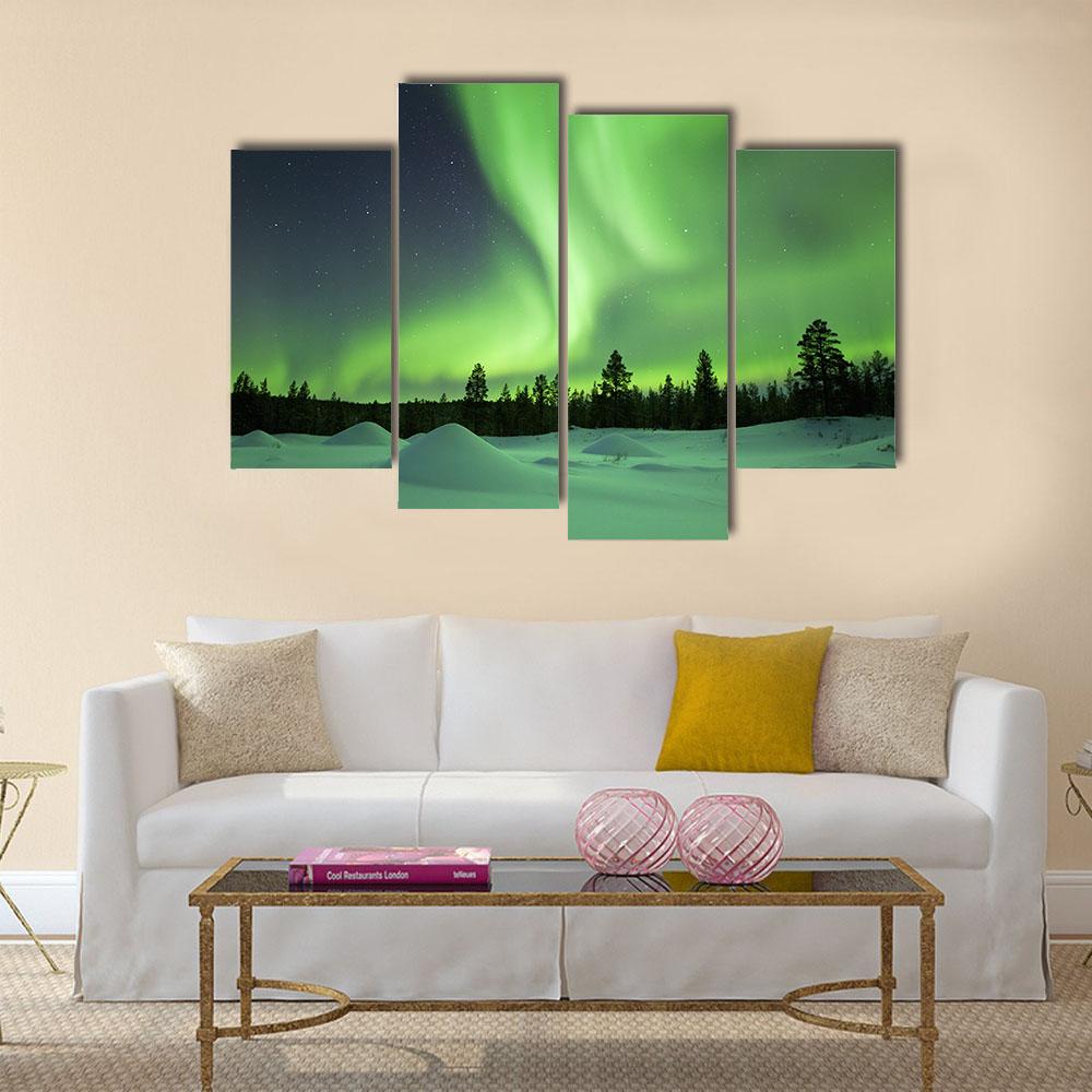 Spectacular Aurora Borealis Over Snowy Winter Landscape Canvas Wall Art-4 Pop-Gallery Wrap-34" x 20"-Tiaracle