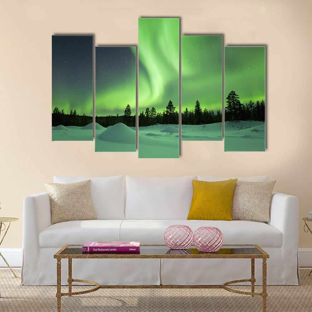 Spectacular Aurora Borealis Over Snowy Winter Landscape Canvas Wall Art-5 Pop-Gallery Wrap-32" x 21"-Tiaracle