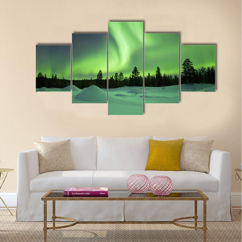 Spectacular Aurora Borealis Over Snowy Winter Landscape Canvas Wall Art-5 Star-Gallery Wrap-42" x 21"-Tiaracle