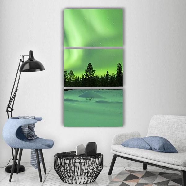 Spectacular Aurora Borealis Over Snowy Winter Landscape Vertical Canvas Wall Art-3 Vertical-Gallery Wrap-12" x 25"-Tiaracle