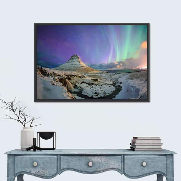 Northern Lights Over Kirkjufell Canvas Wall Art in white, green and purple, framed canvas, product view on a white background