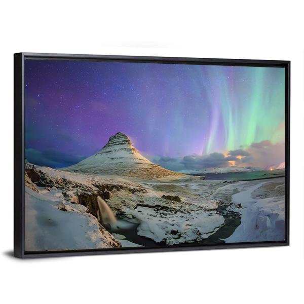 Spectacular Northern Lights Appear Over Mount Kirkjufell Canvas Wall Art-3 Horizontal-Gallery Wrap-25" x 16"-Tiaracle