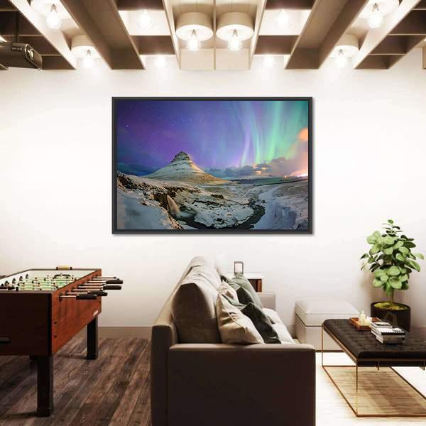 Spectacular Northern Lights Appear Over Mount Kirkjufell Canvas Wall Art-3 Horizontal-Gallery Wrap-25" x 16"-Tiaracle