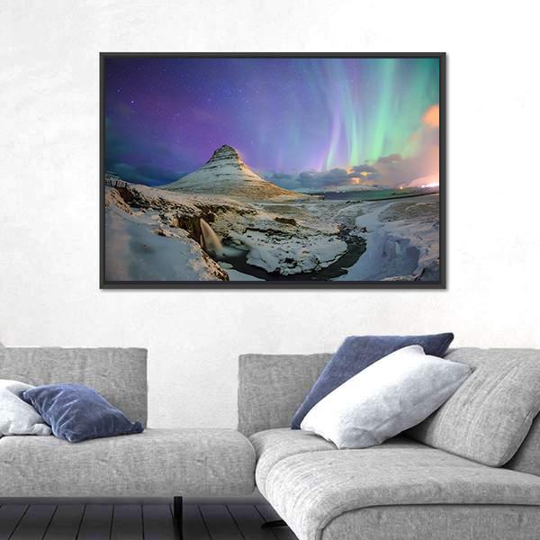 Spectacular Northern Lights Appear Over Mount Kirkjufell Canvas Wall Art-3 Horizontal-Gallery Wrap-25" x 16"-Tiaracle