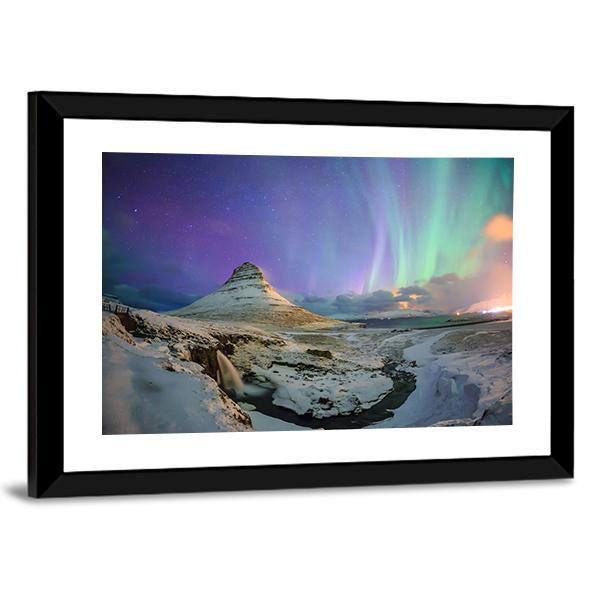 Spectacular Northern Lights Appear Over Mount Kirkjufell Canvas Wall Art-3 Horizontal-Gallery Wrap-25" x 16"-Tiaracle