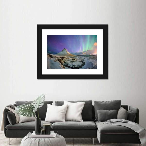 Spectacular Northern Lights Appear Over Mount Kirkjufell Canvas Wall Art-3 Horizontal-Gallery Wrap-25" x 16"-Tiaracle