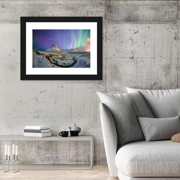 Spectacular Northern Lights Appear Over Mount Kirkjufell Canvas Wall Art-3 Horizontal-Gallery Wrap-25" x 16"-Tiaracle