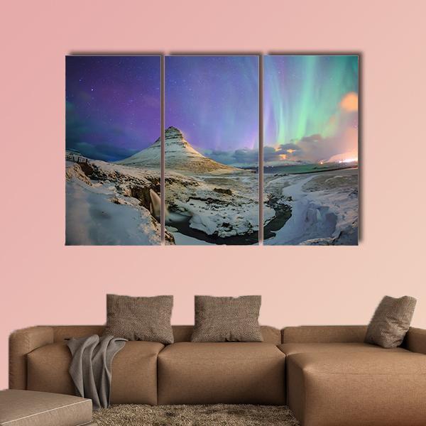 Spectacular Northern Lights Appear Over Mount Kirkjufell Canvas Wall Art-3 Horizontal-Gallery Wrap-37" x 24"-Tiaracle