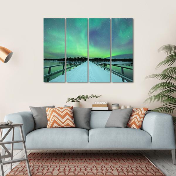 Spectacular Northern Lights Over Bridge And River Canvas Wall Art-4 Horizontal-Gallery Wrap-34" x 24"-Tiaracle
