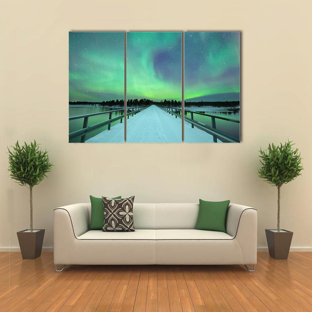 Spectacular Northern Lights Over Bridge And River Canvas Wall Art-3 Horizontal-Gallery Wrap-37" x 24"-Tiaracle