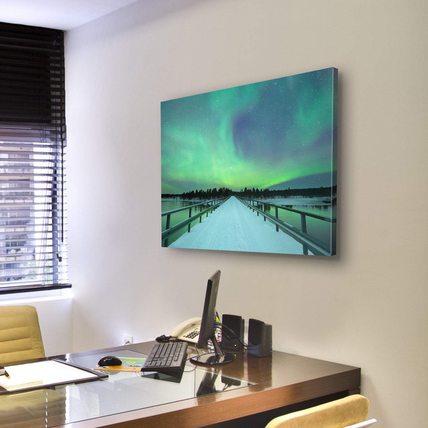 Spectacular Northern Lights Over Bridge And River Canvas Wall Art-3 Horizontal-Gallery Wrap-25" x 16"-Tiaracle