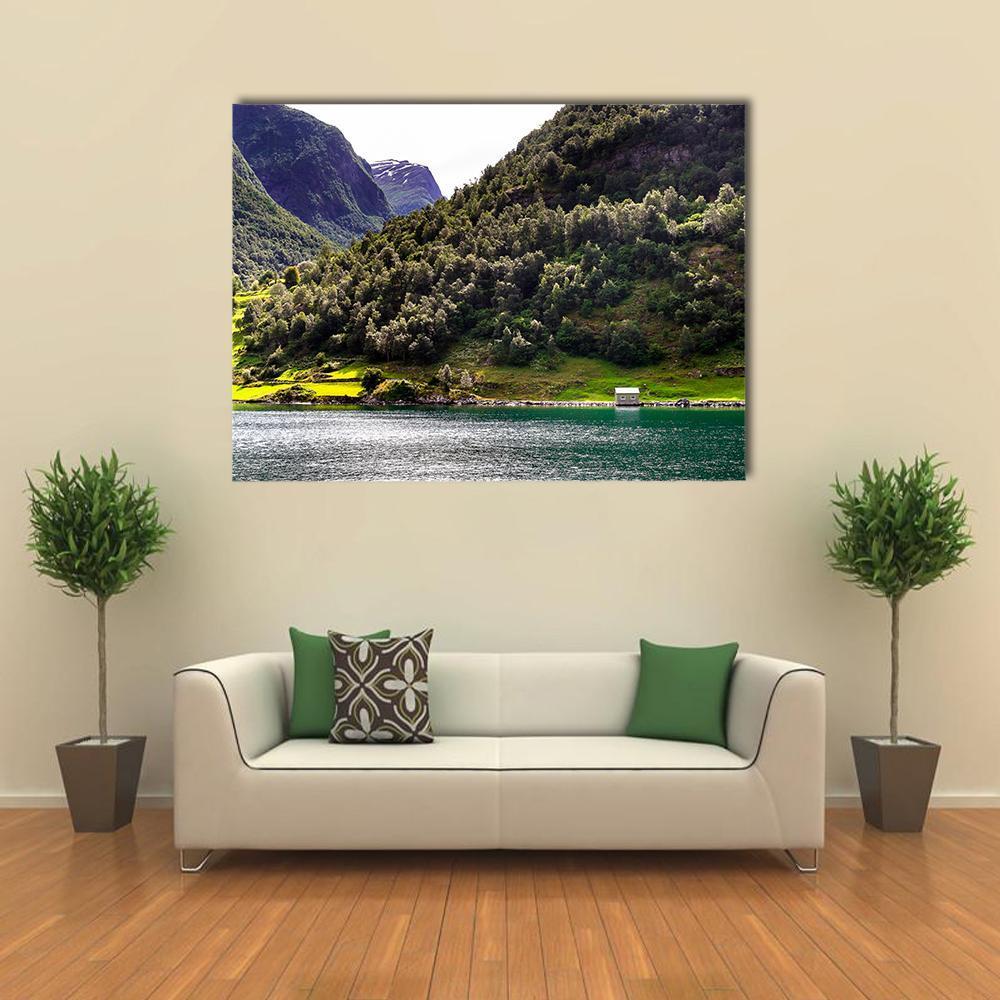 Norwegian Fjord with White House Canvas Wall Art in gray, green and blue, single panel hung on a wall