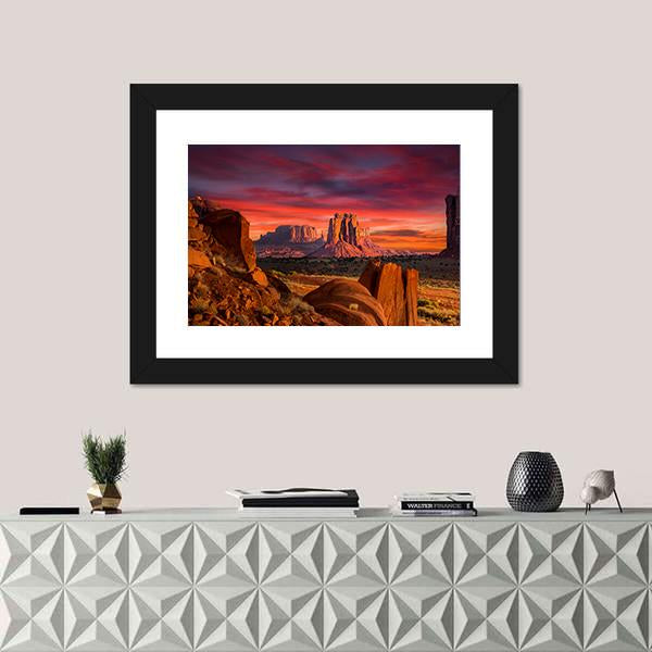 Spectacular Sunrise In Monument Valley Canvas Wall Art-1 Piece-Framed Print-20" x 16"-Tiaracle