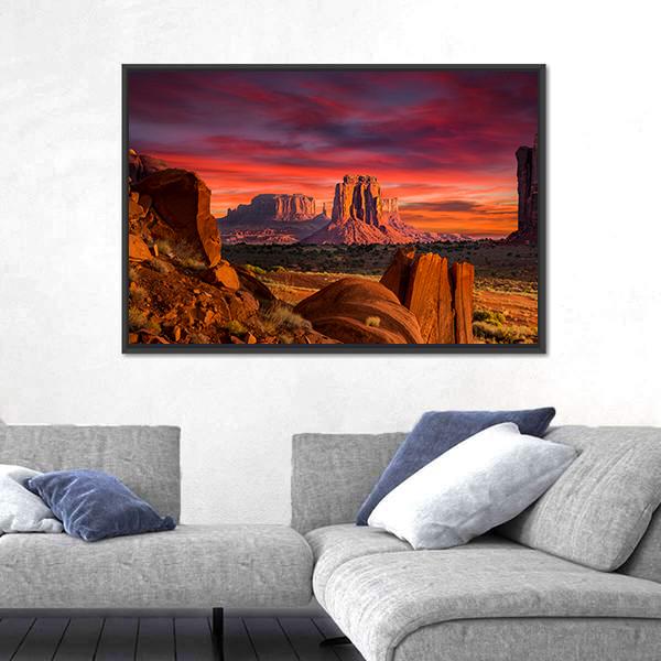 Spectacular Sunrise In Monument Valley Canvas Wall Art-3 Horizontal-Gallery Wrap-25" x 16"-Tiaracle