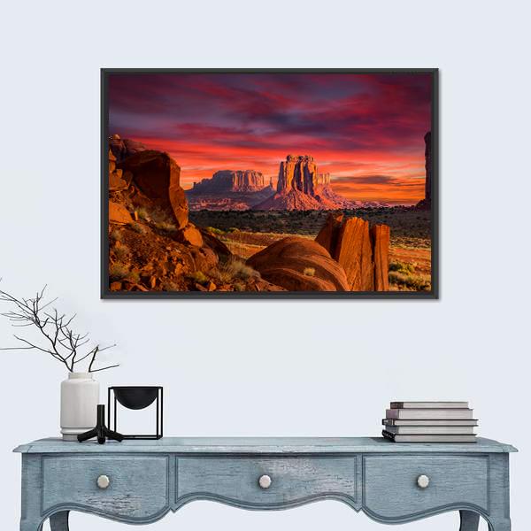 Spectacular Sunrise In Monument Valley Canvas Wall Art-3 Horizontal-Gallery Wrap-25" x 16"-Tiaracle