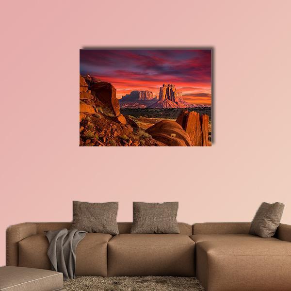 Spectacular Sunrise In Monument Valley Canvas Wall Art-1 Piece-Gallery Wrap-48" x 32"-Tiaracle