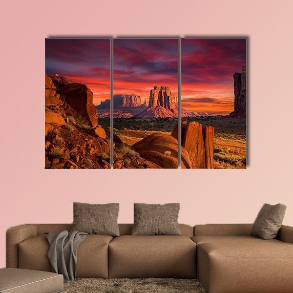 Spectacular Sunrise In Monument Valley Canvas Wall Art-3 Horizontal-Gallery Wrap-37" x 24"-Tiaracle