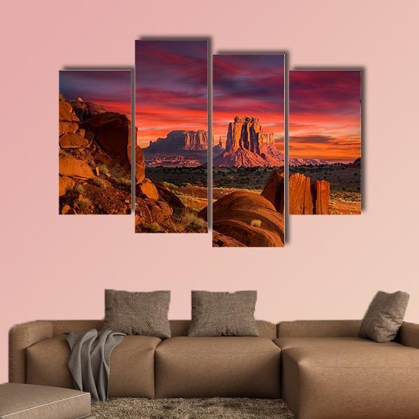Spectacular Sunrise In Monument Valley Canvas Wall Art-4 Pop-Gallery Wrap-50" x 32"-Tiaracle