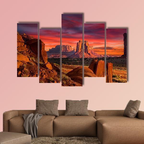 Spectacular Sunrise In Monument Valley Canvas Wall Art-5 Pop-Gallery Wrap-47" x 32"-Tiaracle