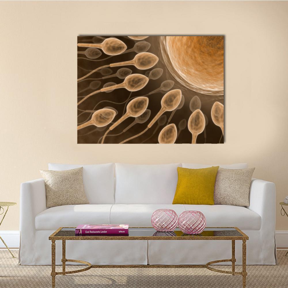 Sperm and Egg Close-up Canvas Wall Art in brown, gold and orange, single panel hung on a wall