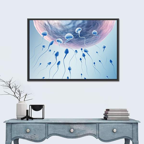 Sperm Approaching Egg Canvas Wall Art in white, blue and pink, framed canvas, product view on a white background