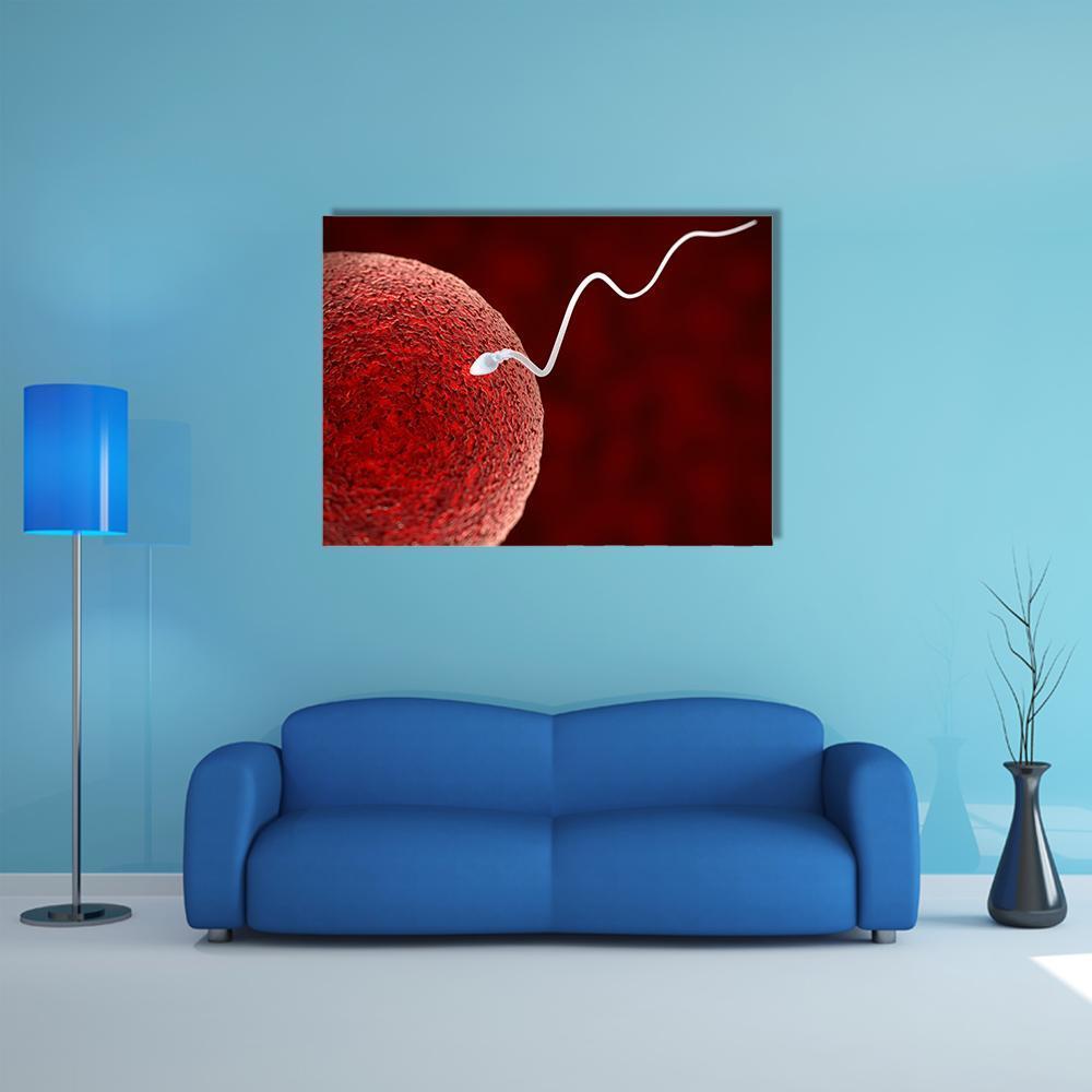 Sperm Fertilizing Egg Canvas Wall Art in black, white and red, single panel hung on a wall
