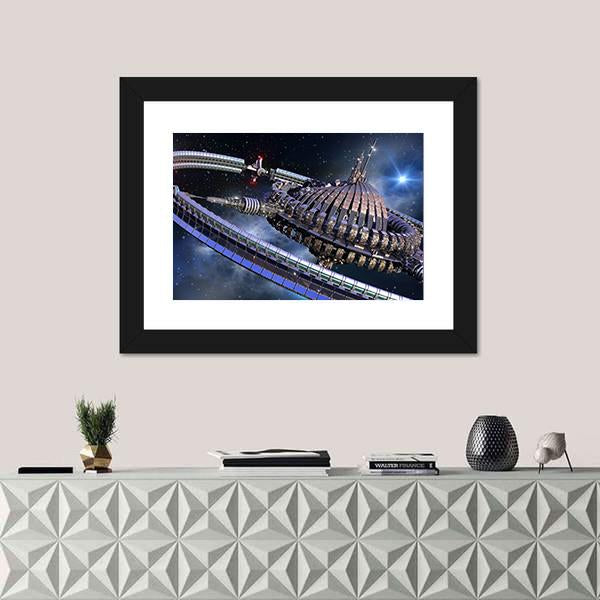Spherical Spaceship with Gravitation Wheel Canvas Wall Art in black, silver and blue, framed print, product view on a white background