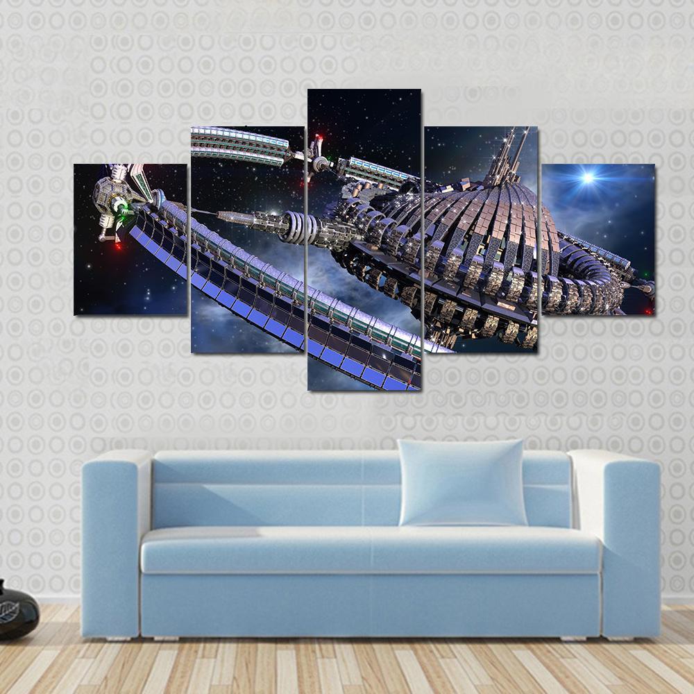 Spherical Spaceship With Gravitation Wheel Canvas Wall Art-5 Star-Gallery Wrap-62" x 32"-Tiaracle