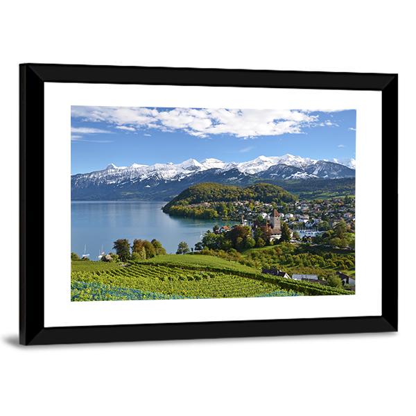 Spiez Castle In Switzerland Panoramic Canvas Wall Art-1 Piece-36" x 12"-Tiaracle