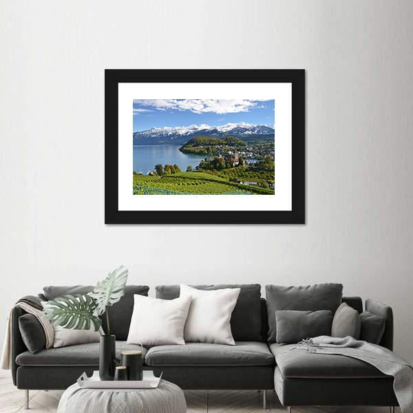 Spiez Castle In Switzerland Panoramic Canvas Wall Art-1 Piece-36" x 12"-Tiaracle