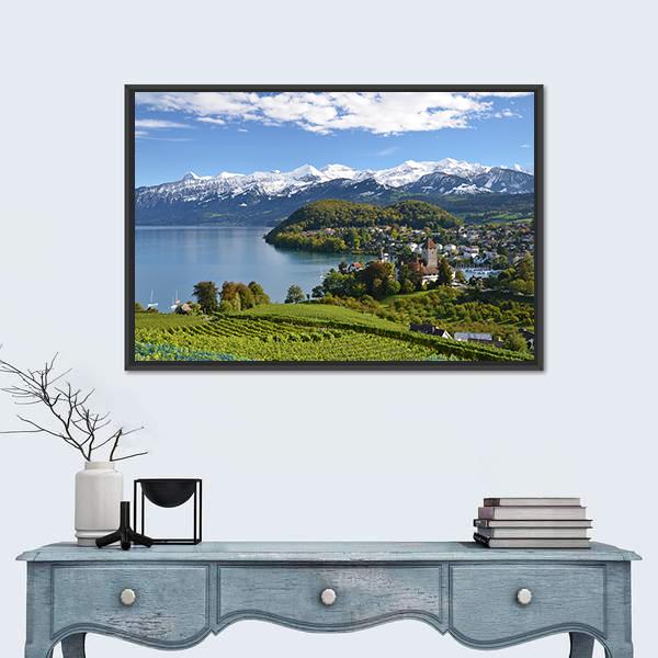 Spiez Castle In Switzerland Panoramic Canvas Wall Art-1 Piece-36" x 12"-Tiaracle