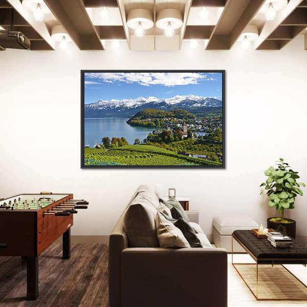 Spiez Castle In Switzerland Panoramic Canvas Wall Art-1 Piece-36" x 12"-Tiaracle