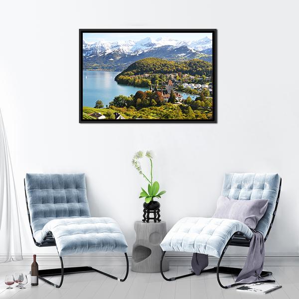 Spiez Castle Switzerland Canvas Wall Art-1 Piece-Floating Frame-24" x 16"-Tiaracle