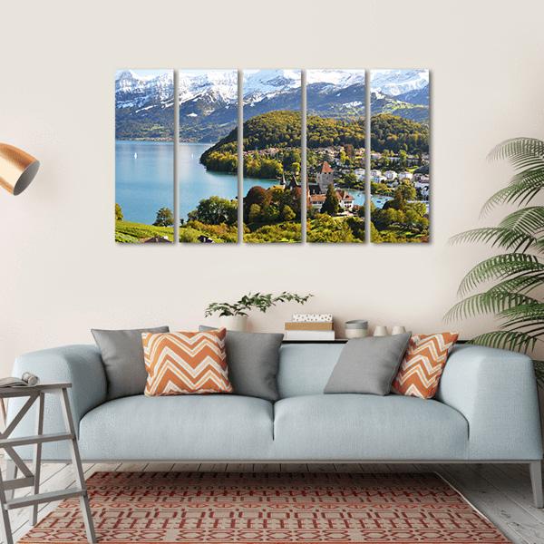Spiez Castle Switzerland Canvas Wall Art-5 Horizontal-Gallery Wrap-22" x 12"-Tiaracle