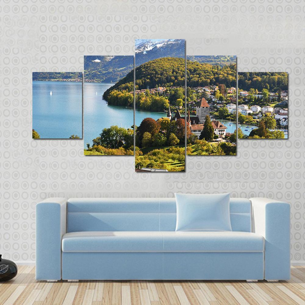 Spiez Castle Switzerland Canvas Wall Art-5 Star-Gallery Wrap-62" x 32"-Tiaracle