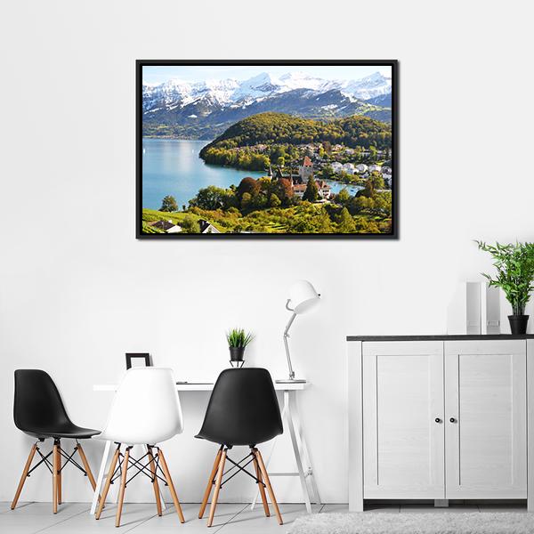 Spiez Castle Switzerland Canvas Wall Art-5 Horizontal-Gallery Wrap-22" x 12"-Tiaracle
