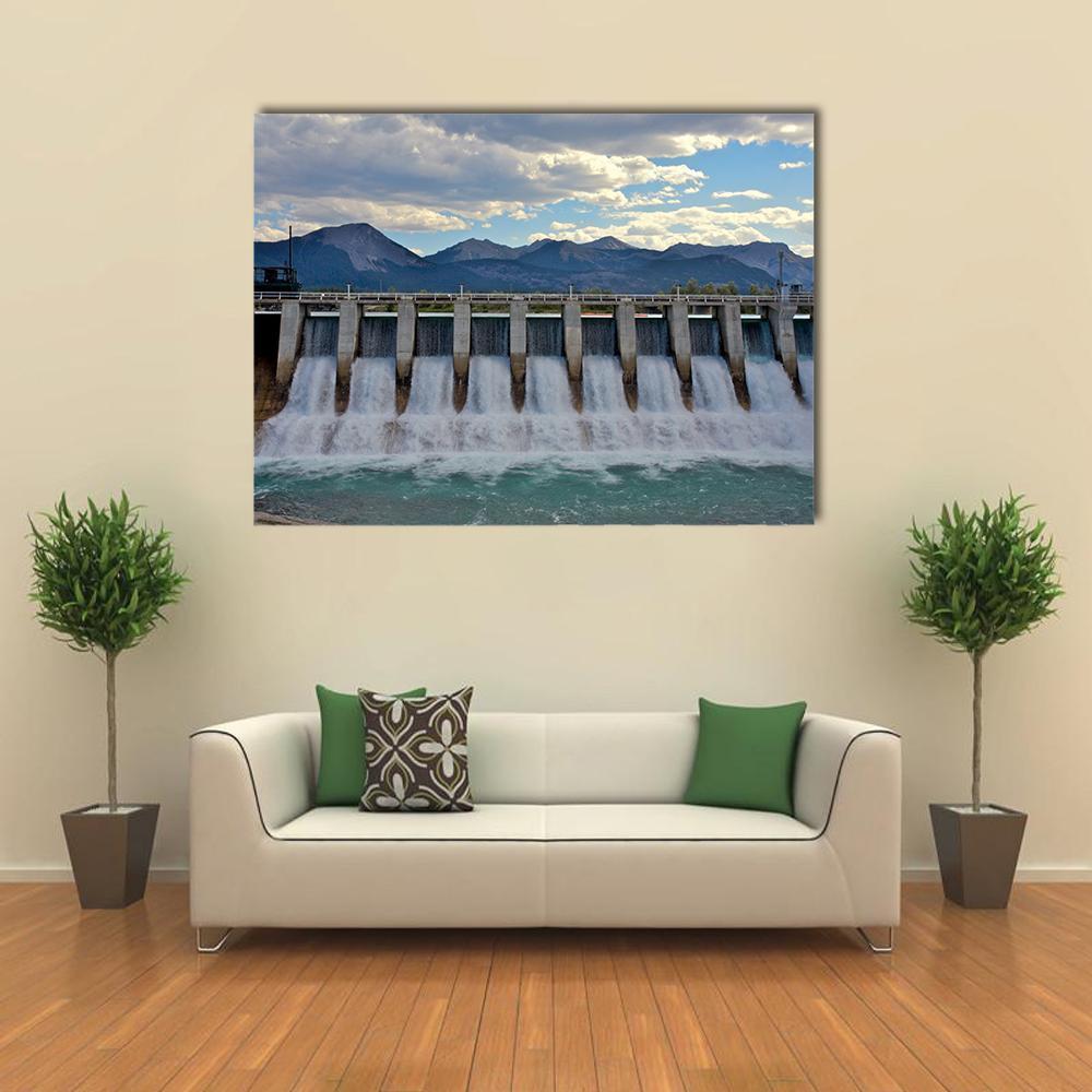 Spillway of a Hydroelectric Dam Canvas Wall Art in white, gray and blue, single panel hung on a wall
