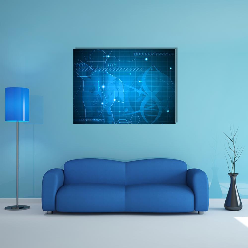 Spine and Dna Helix Canvas Wall Art in blue and navy, single panel hung on a wall