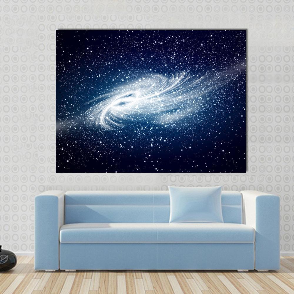 Spiral Galaxy Against Black Space Canvas Wall Art in white, blue and navy, single panel hung on a wall
