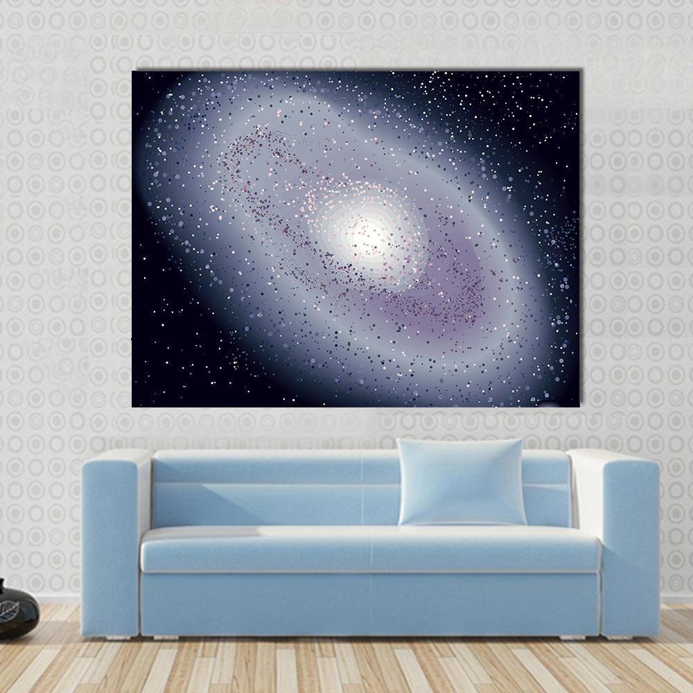 Spiral Galaxy Illustration Canvas Wall Art in black, blue and purple, single panel hung on a wall