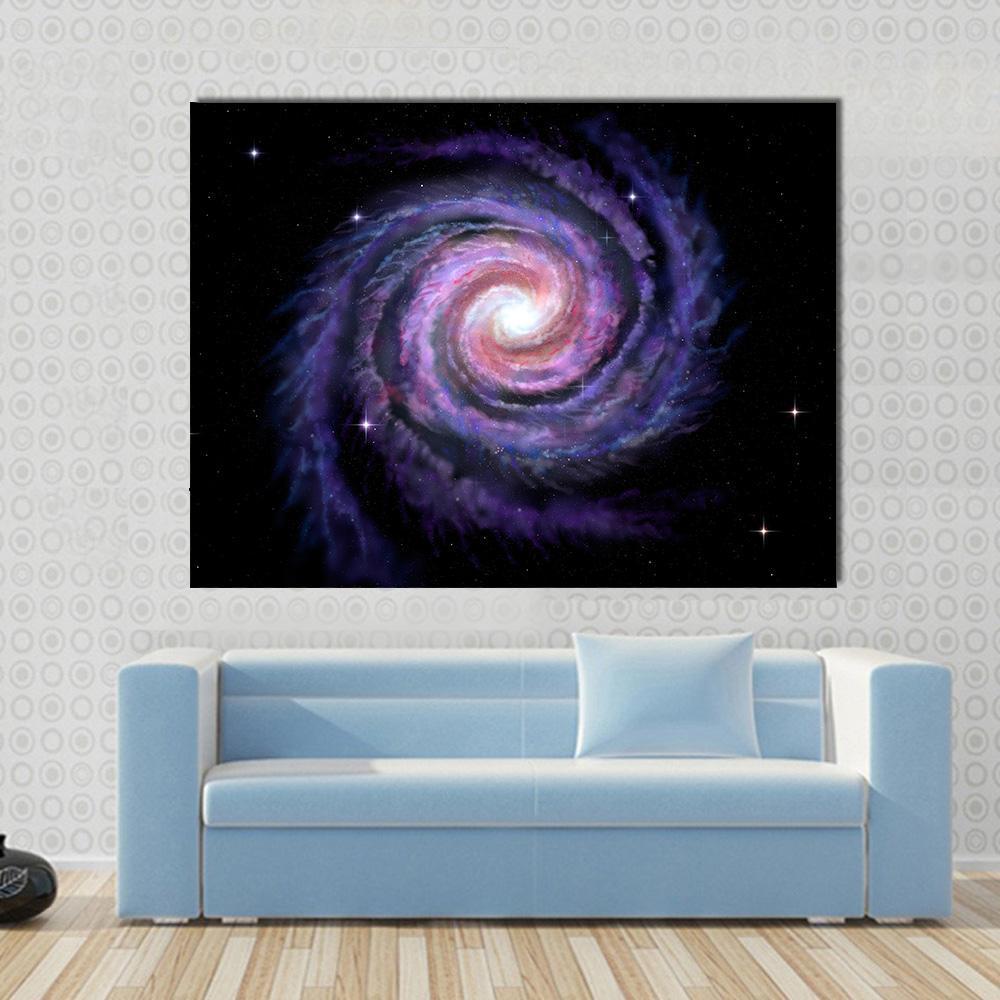 Spiral Galaxy Illustration Canvas Wall Art in black, purple and pink, single panel hung on a wall