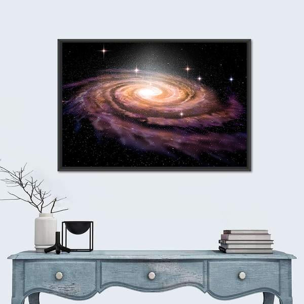 Spiral Galaxy in Deep Space Illustration Canvas Wall Art in black, orange and purple, framed canvas, product view on a white background