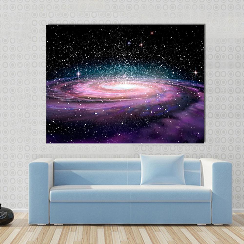 Spiral Galaxy in Deep Space Illustration Canvas Wall Art in black, blue and purple, single panel hung on a wall