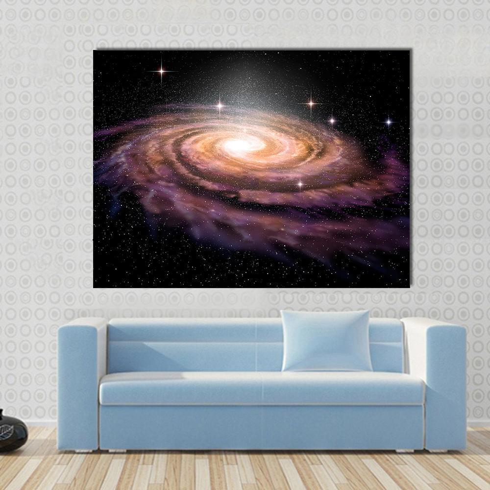 Spiral Galaxy in Deep Space Illustration Canvas Wall Art in black, orange and purple, single panel hung on a wall