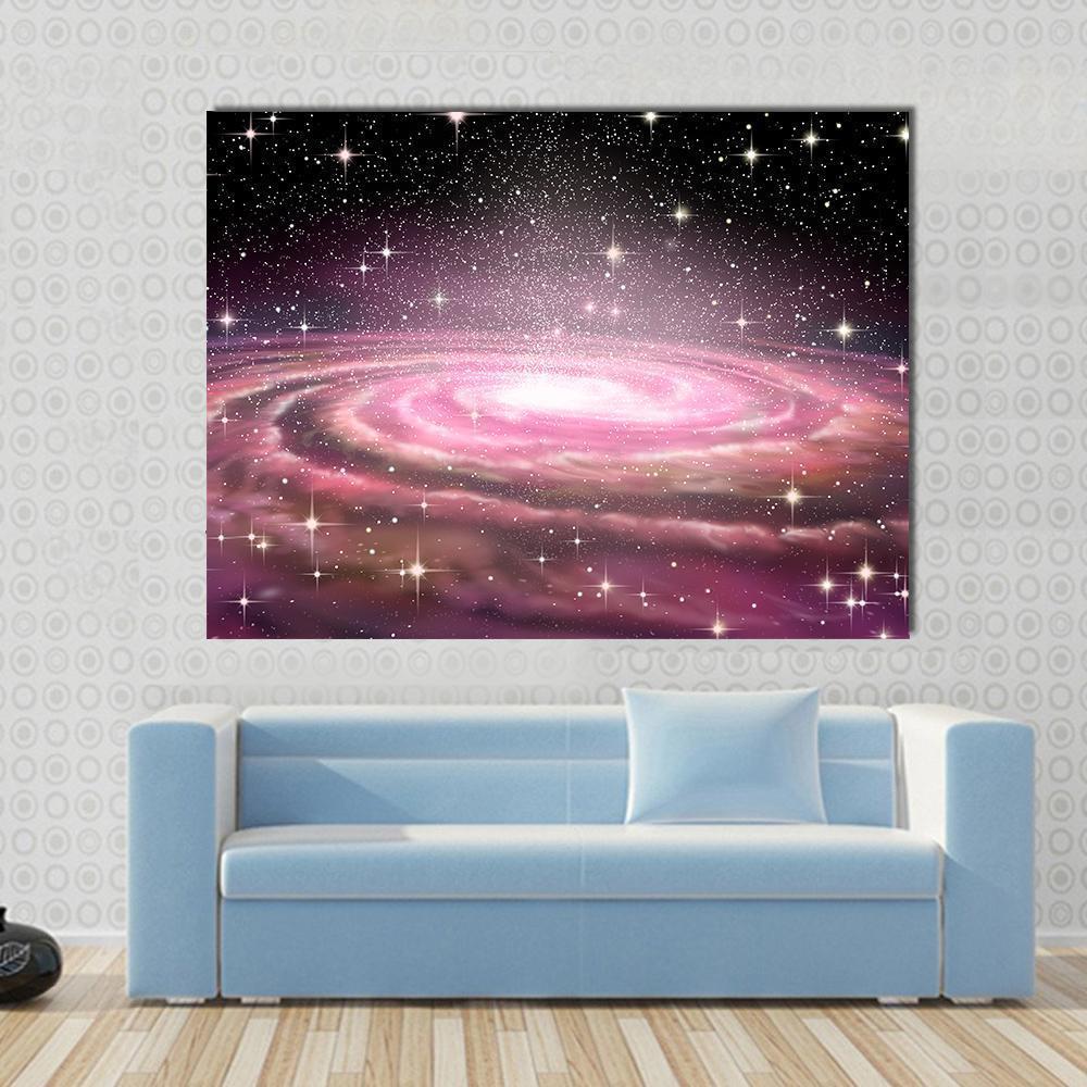 Spiral Galaxy in Deep Space Canvas Wall Art in black, purple and pink, single panel hung on a wall