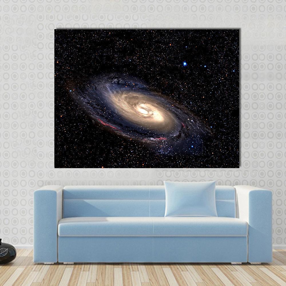 Spiral Galaxy in Deep Space with Star Field Canvas Wall Art in black, gold and blue, single panel hung on a wall