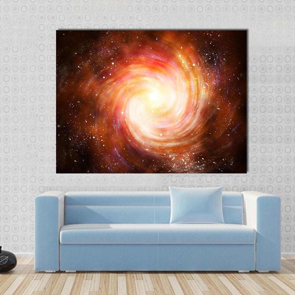 Spiral Galaxy in Space Canvas Wall Art in black, orange and yellow, single panel hung on a wall