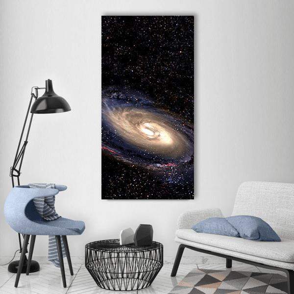 Spiral Galaxy with Luminous Core Vertical Canvas Wall Art in black, gold and blue, single vertical panel hung on a wall